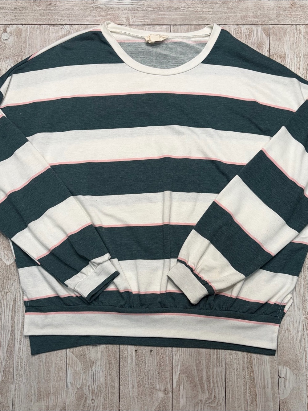 Fantastic Fawn Striped Long-Sleeve Crewneck in Dark Green, White & Pink